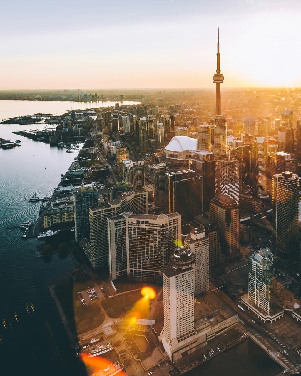 Aerial view of downtown Toronto skyline at sunset